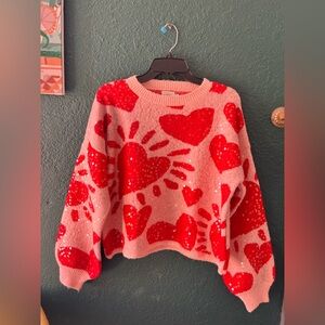 Red Pink Sequin Heart Sweater Cropped Balloon Sleeves
